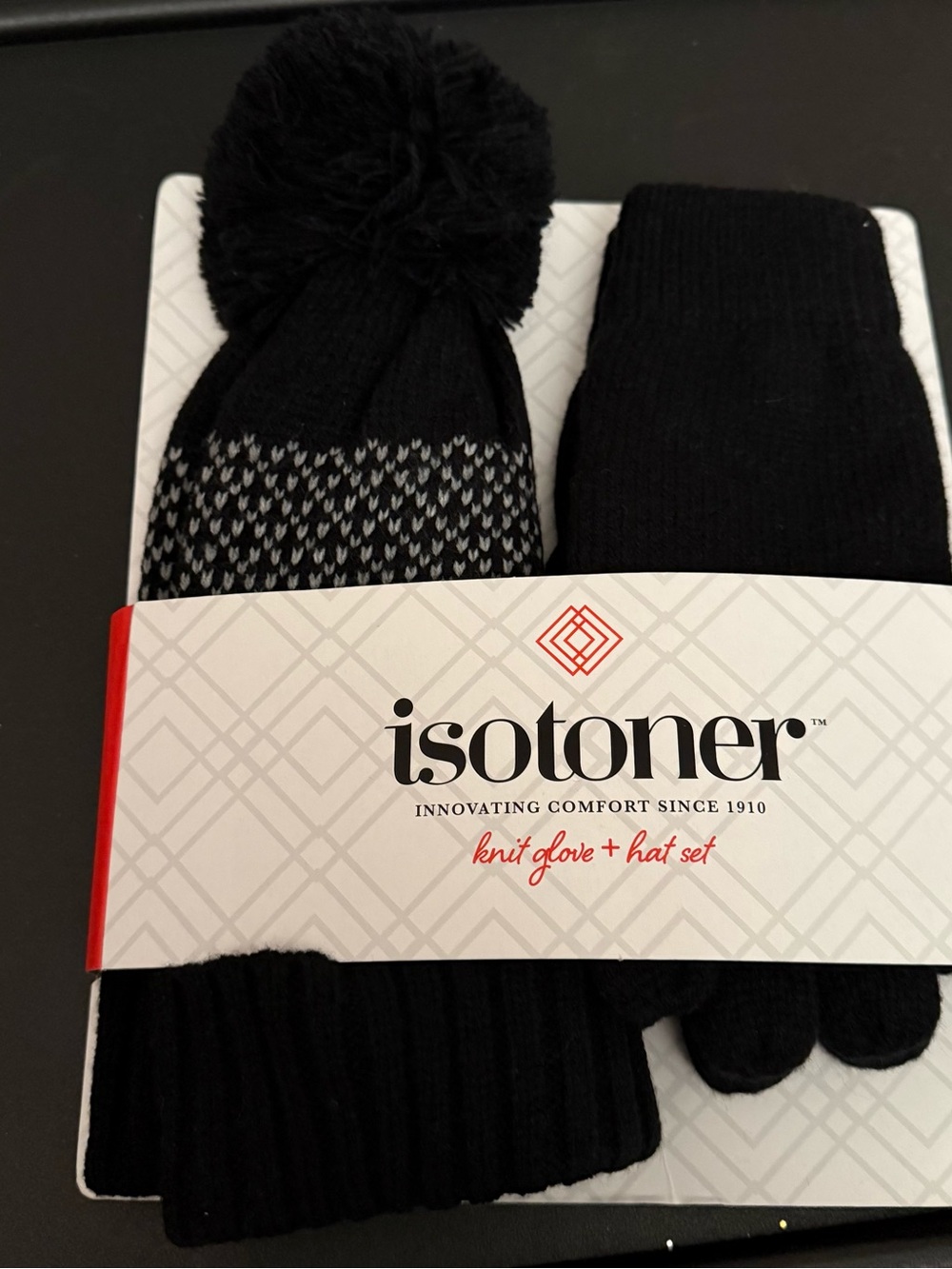 isotoner Women’s Black Knit Pom Hat and Gloves Set